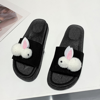 Papuci de vara de dama de culoare neagra si decor puf