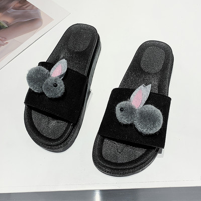 Papuci de vara de dama de culoare neagra si decor puf