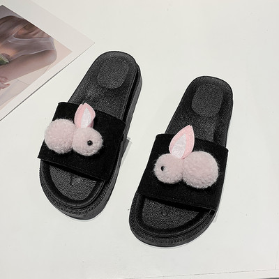 Papuci de vara de dama de culoare neagra si decor puf