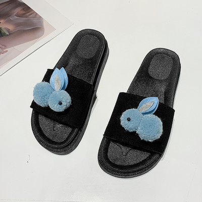 Papuci de vara de dama de culoare neagra si decor puf