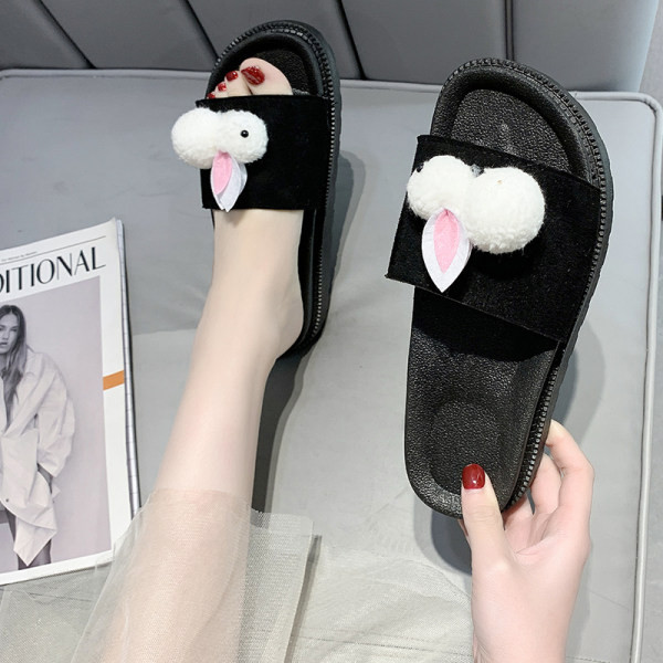 Papuci de vara de dama de culoare neagra si decor puf