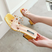 Papuci de dama cu perle si toc gros de 5 cm