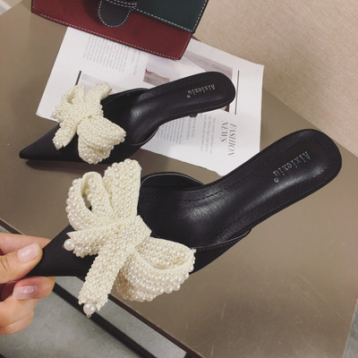 Model nou de papuci de dama cu panglica si perle - toc inalt 3 cm sau 5 cm