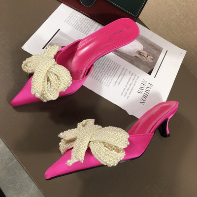 Model nou de papuci de dama cu panglica si perle - toc inalt 3 cm sau 5 cm