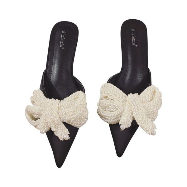 Model nou de papuci de dama cu panglica si perle - toc inalt 3 cm sau 5 cm