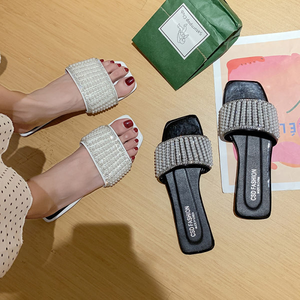 Papuci casual din piele ecologica cu perle