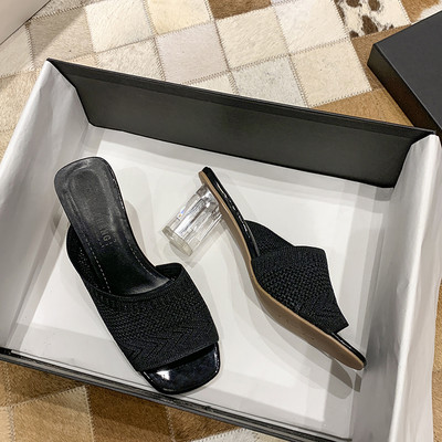 Papuci de dama cu bareta din tricot textil si toc transparent