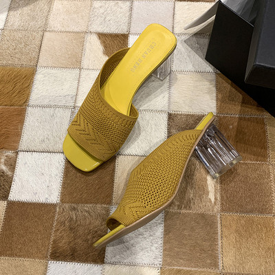 Papuci de dama cu bareta din tricot textil si toc transparent