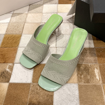 Papuci de dama cu bareta din tricot textil si toc transparent