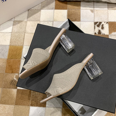 Papuci de dama cu bareta din tricot textil si toc transparent