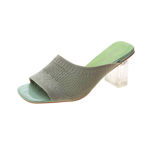 Papuci de dama cu bareta din tricot textil si toc transparent