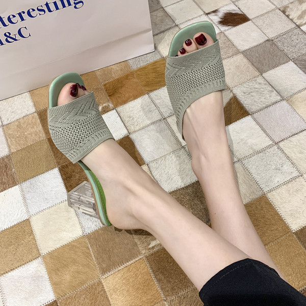 Papuci de dama cu bareta din tricot textil si toc transparent