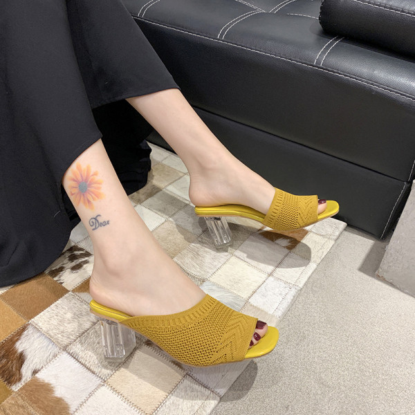 Papuci de dama cu bareta din tricot textil si toc transparent