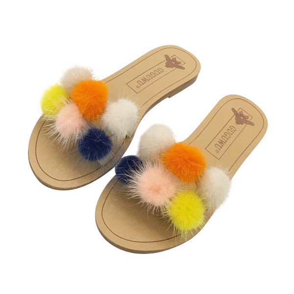 Papuci casual dama cu pompoane din puf in doua culori