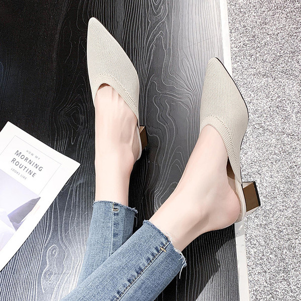 Papuci casual cu vârf din piele ecologică și tricotat