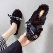 Papuci de casa cu puf si piele ecologica pentru femei