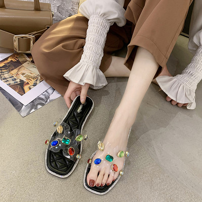 Γυναικείες παντόφλες με χρωματιστές πέτρες και επίπεδη σόλα