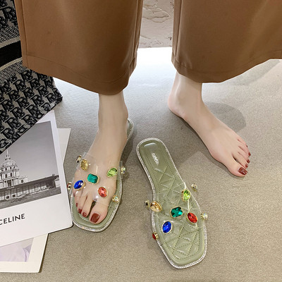 Γυναικείες παντόφλες με χρωματιστές πέτρες και επίπεδη σόλα