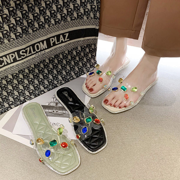 Papuci casual de dama cu pietre colorate si talpa plata