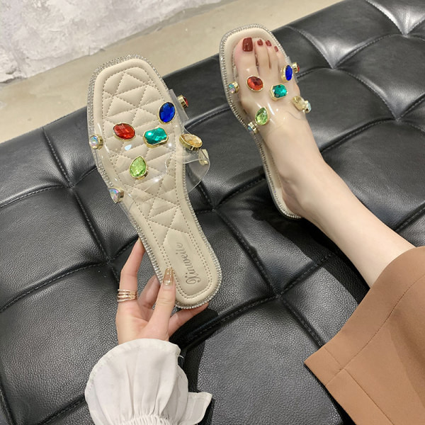 Papuci casual de dama cu pietre colorate si talpa plata