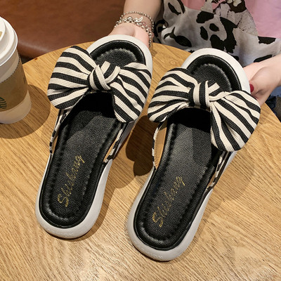 Παντόφλες casual με υφασμάτινη ριγέ κορδέλα