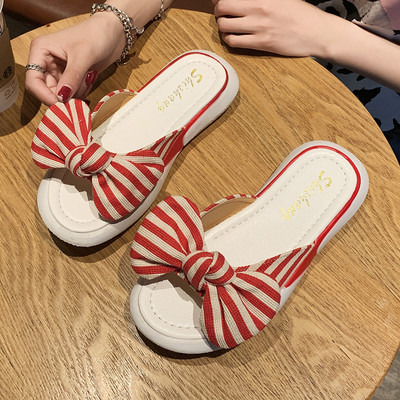 Παντόφλες casual με υφασμάτινη ριγέ κορδέλα