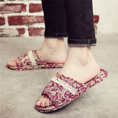 Papuci de vara de dama cu model floral si talpa plata