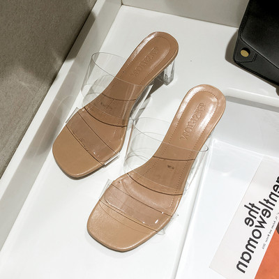 Naujo modelio moteriškos šlepetės su skaidriu kulnu ir silikoninėmis petnešėlėmis