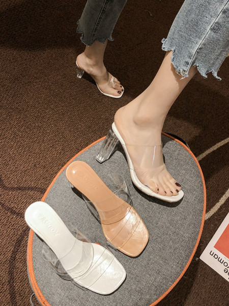 Naujo modelio moteriškos šlepetės su skaidriu kulnu ir silikoninėmis petnešėlėmis