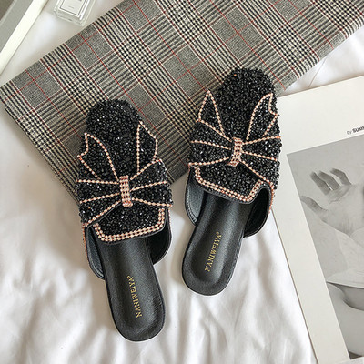 Νέο μοντέλο γυναικείες καθημερινές παντόφλες με κορδέλα και διακοσμητικές πέτρες - μαύρο και ροζ χρώμα
