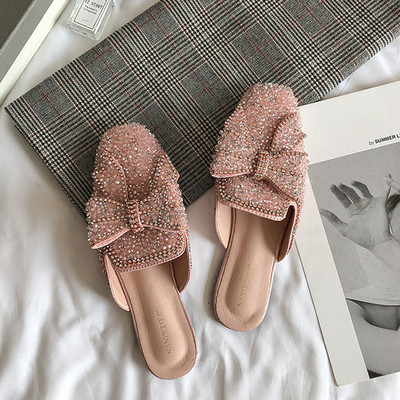 Νέο μοντέλο γυναικείες καθημερινές παντόφλες με κορδέλα και διακοσμητικές πέτρες - μαύρο και ροζ χρώμα