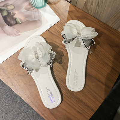 Γυναικείες παντόφλες διακοσμημένες με κορδέλα και πέτρες - επίπεδη σόλα