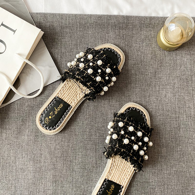 Moderne ženske papuče s perlama i ravnim potplatom