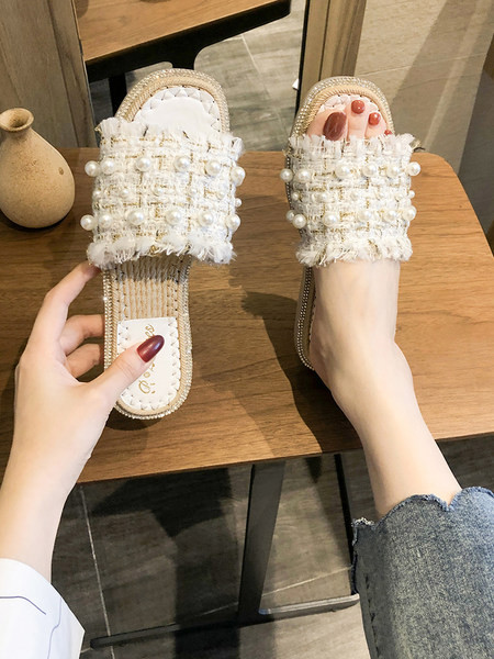 Moderne ženske papuče s perlama i ravnim potplatom