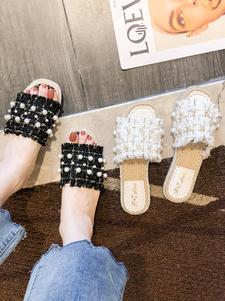 Moderne ženske papuče s perlama i ravnim potplatom