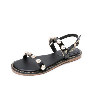 Γυναικεία σανδάλια με πέρλες και επίπεδη σόλα σε τρία χρώματα