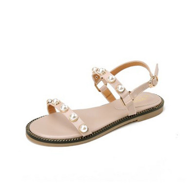 Γυναικεία σανδάλια με πέρλες και επίπεδη σόλα σε τρία χρώματα