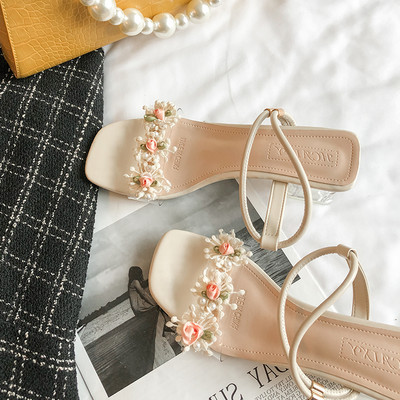 Дамски сандали с декорация цветя и дебел 5см ток