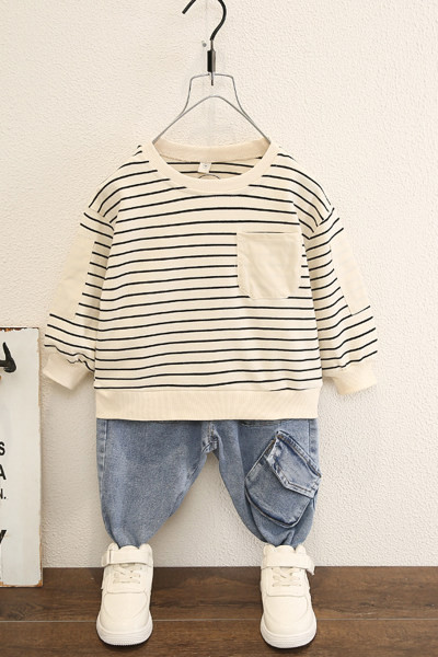 Jauna modeļa bērnu komplekts zēniem no svītrainas blūzes un džinsiem