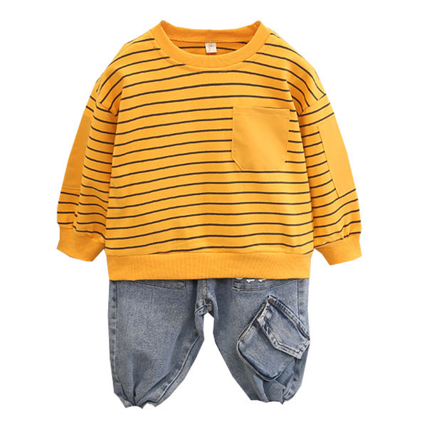 Jauna modeļa bērnu komplekts zēniem no svītrainas blūzes un džinsiem