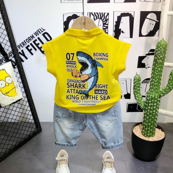 Kasdienis komplektas - marškinėliai su spalvingomis aplikacijomis nugaroje ir trumpi džinsai