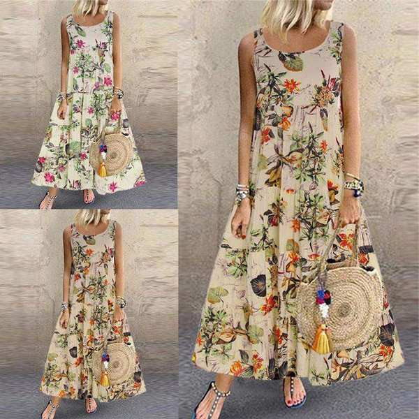 Ilga moteriška suknelė su petnešėlėmis ir gėlių raštu