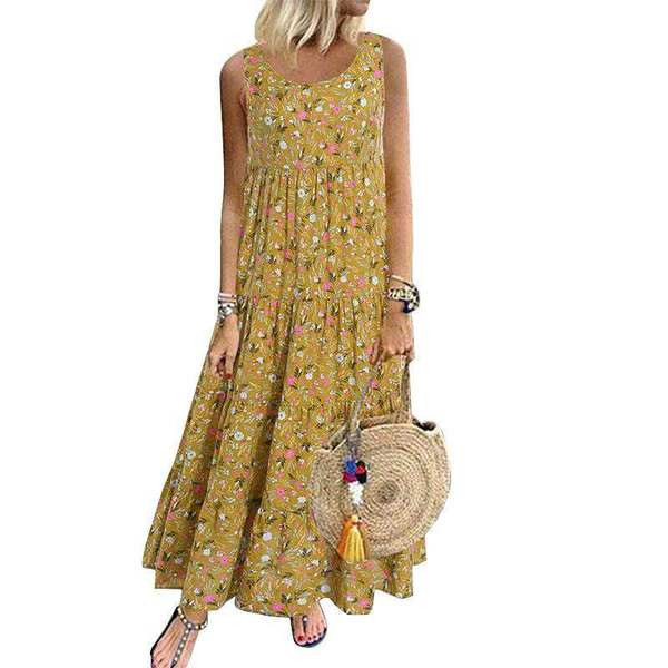 Ilga moteriška suknelė su petnešėlėmis ir gėlių raštu