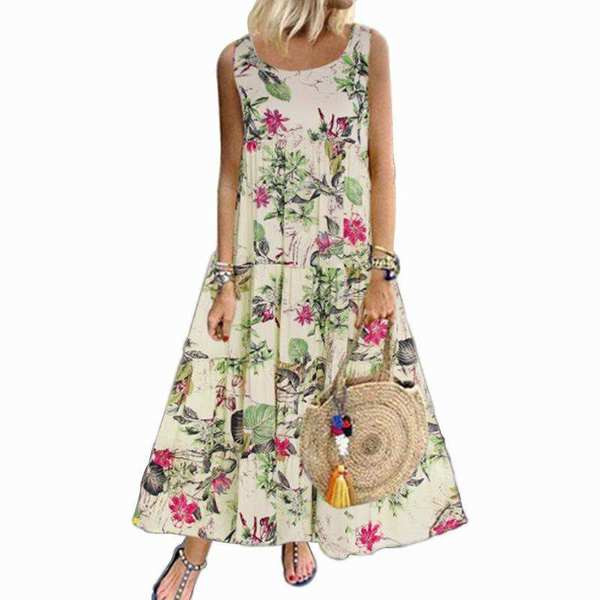 Ilga moteriška suknelė su petnešėlėmis ir gėlių raštu