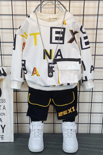 Παιδικό σετ ανοιξιάτικο  με τσέπη και οβάλ λαιμόκοψη σε μαύρο και άσπρο χρώμα