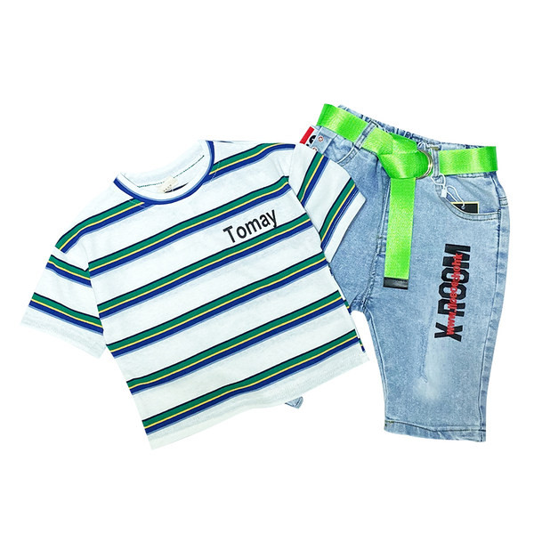 Παιδικό ριγέ μπλουζάκι και κοντό τζιν με επιγραφές