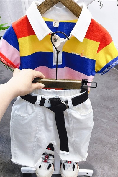 Παιδικό σετ ριγέ μπλούζα με κουμπιά και σορτς