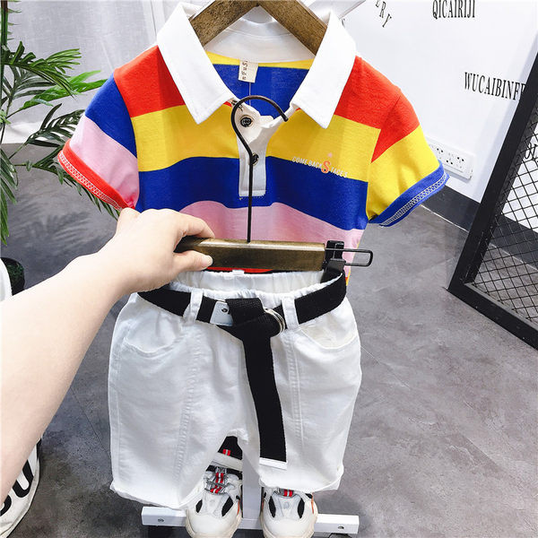 Παιδικό σετ ριγέ μπλούζα με κουμπιά και σορτς