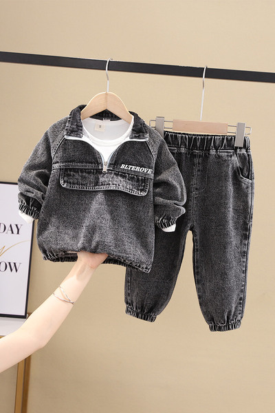 Νέο μοντέλο καθημερινό  παιδικό σετ  τζιν  φούτερ με φερμουάρ και φαρδιά παντελόνια