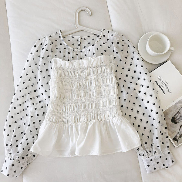 Novi model ženske bluze na točkice sa okruglim izrezom